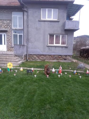 a bunch of toys in the grass in front of a house at Vila la Izvorul Putinei in Haţeg