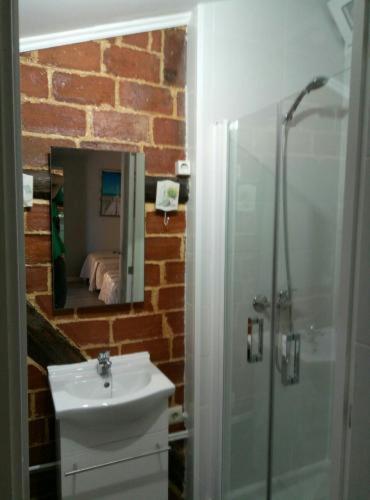 a bathroom with a shower and a sink and a mirror at Casa Rural Neveritas in Piedrahita