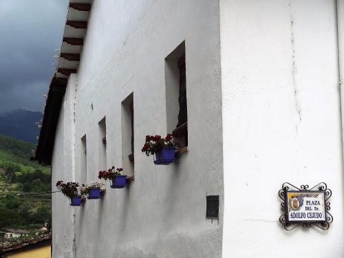 a building with three windows with potted plants on it at La Solana, alojamiento y alfarería in Arenas de San Pedro