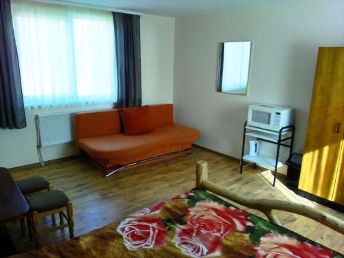 een woonkamer met een bed en een bank bij Globepark in Mažonai