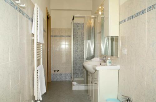 Un baño blanco con lavabo y ducha. en Agriturismo San Gregorio, en San Vincenzo