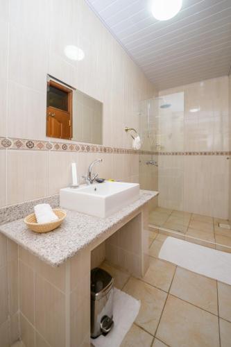 a bathroom with a sink and a shower at Hotel Rudi in Nairobi