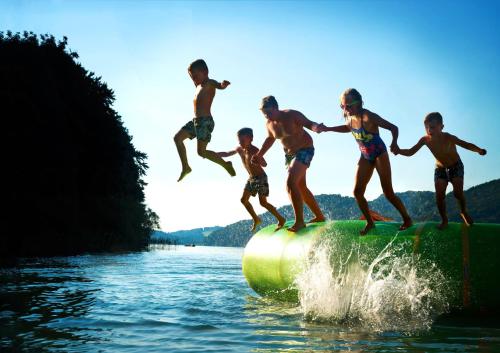 a group of boys jumping off a raft in the water at Apart-Pension Wesenauerhof in Fuschl am See