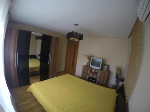 コンスタンツァにあるApartment Centralのベッドルーム(黄色いベッド1台、テレビ付)