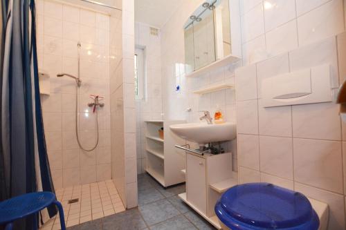 een badkamer met een toilet, een wastafel en een douche bij Haus Emilie in Büsum