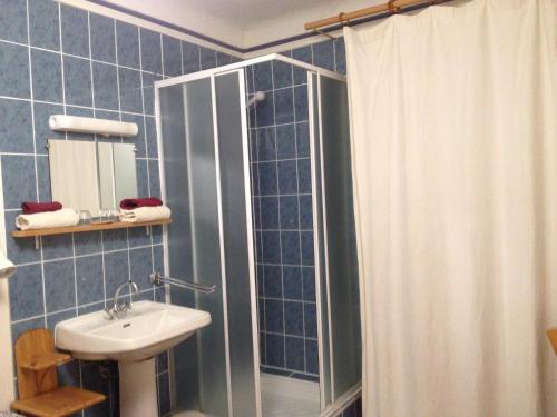 uma casa de banho com uma cortina de chuveiro e um lavatório em Auberge du prieure em Saint-André-de-Rosans