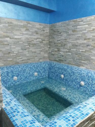 a blue tiled bath tub in a room at Pensiunea Broscuta in Horezu