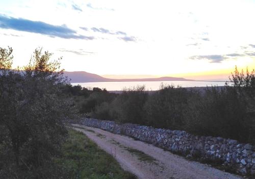 a dirt road with a retaining wall and the ocean at Torre Bruno in Carpino