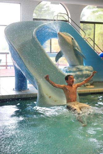 a man in the water with a dolphin on a slide at Sunset Bay Resort in Wisconsin Dells