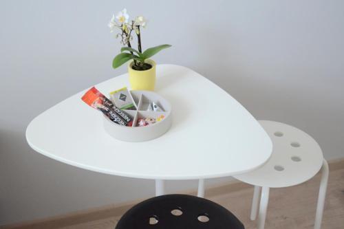 a white table with a plant on top of it at Hostel Bratislava in Bratislava