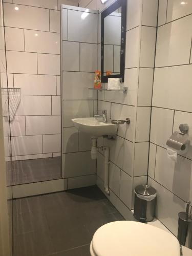 uma casa de banho com um WC, um lavatório e um chuveiro em De Zevende Hemel em Kerkrade