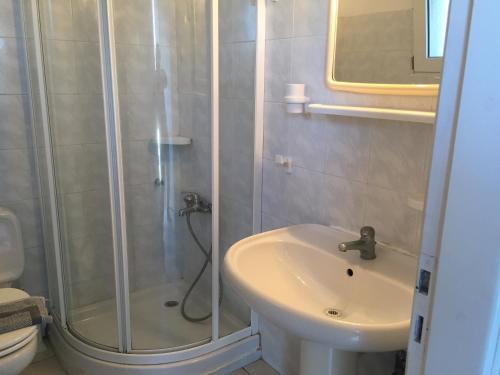 La salle de bains est pourvue d'une douche et d'un lavabo. dans l'établissement Aiolos Hotel Andros, à Ménites