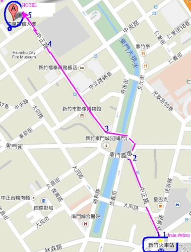 a map with a purple line on it at H.M.Hotel in Hsinchu City