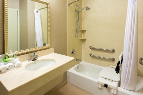 a bathroom with a sink and a mirror and a tub at Holiday Inn Express Grants Pass, an IHG Hotel in Grants Pass