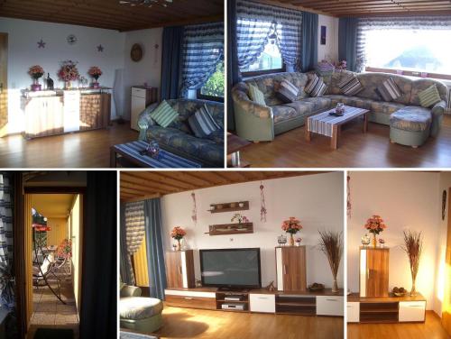 quatro fotografias de uma sala de estar com um sofá e uma televisão em All inkl Card Fewo1-Heigl em Viechtach