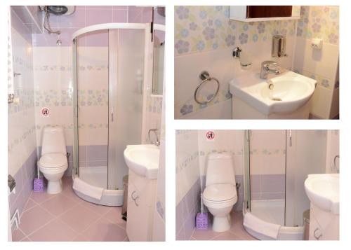 two pictures of a bathroom with a shower and a toilet at Garni Hotel Laguna Lux in Niš