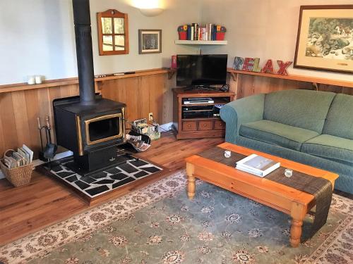 sala de estar con fogones y sofá en Sticks and Stones Cottage-Arbutus Grove en Galiano
