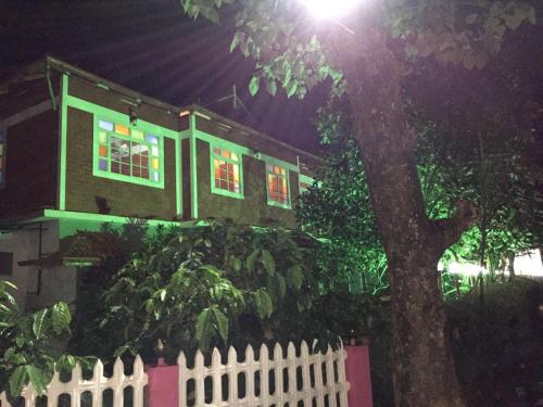 a house with green lights in the windows at night at Marsim Holiday Resort in Vythiri