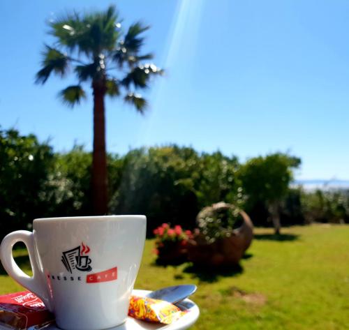 a coffee cup sitting on a table with a palm tree at Kanalli Apartments in Pomos