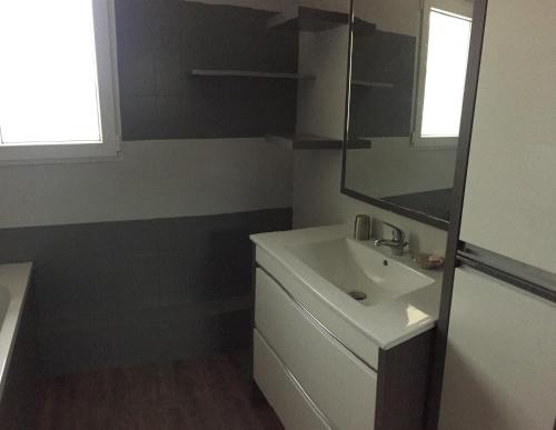 une salle de bain avec un lavabo et un miroir dans l'établissement Maison Village Au Coeur De La Lavande, à Valensole