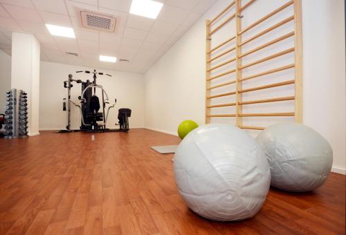 two large exercise balls sitting on the floor of a room at Dwie Sosny z sauną, Sun & Snow in Ustronie Morskie
