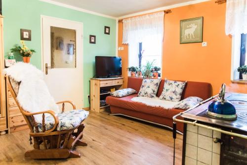 a living room with a couch and a tv at Počitniška hiša Pologar in Tolmin