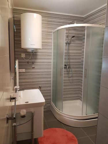 Apartment Dina في كارلوفاتش: حمام مع دش ومغسلة بيضاء