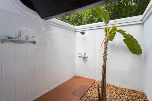 uma casa de banho com uma palmeira no chuveiro em The Windsor Castle em Kottayam