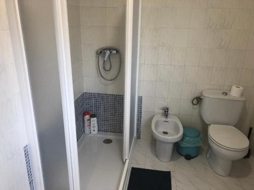 a small bathroom with a toilet and a shower at A Senda in Caldas de Reis