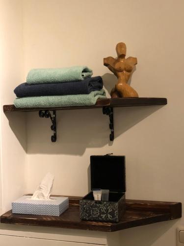 a shelf with towels and a box on a wall at Fietshotel Le Baroudeur in Valkenburg