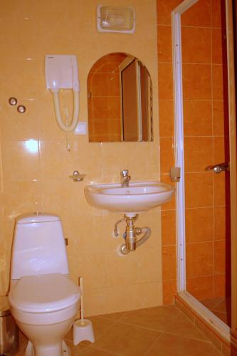 a bathroom with a toilet and a sink at Ryor Hotel - Restaurant & Free Parking in Sunny Beach