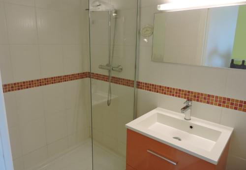 une salle de bain avec un lavabo et une douche en verre dans l'établissement Les Pres Verts, à Mareuil-sur-Cher