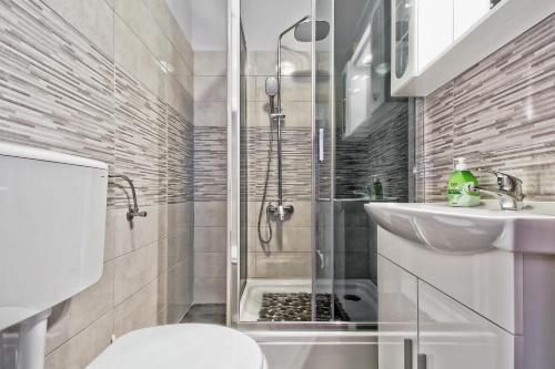 a bathroom with a shower and a toilet and a sink at Sobe ROOMS TEA in Buje