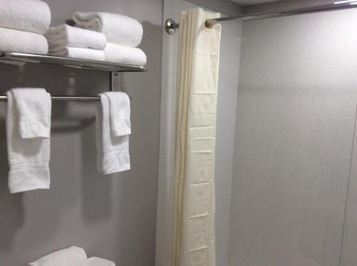 a bathroom with white towels and a shower at Ocean's 24 in Virginia Beach