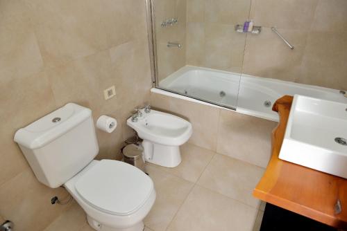 a bathroom with a toilet and a sink and a tub at Galileo Boutique Hotel in San Carlos de Bariloche