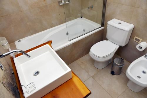 a bathroom with a sink and a tub and a toilet at Galileo Boutique Hotel in San Carlos de Bariloche