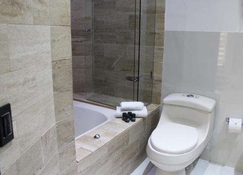 a bathroom with a white toilet and a shower at GHL Hotel Portón Medellín in Medellín
