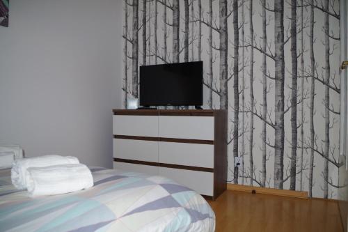 een slaapkamer met een bed en een tv op een dressoir bij Mini apartament in Łańcut