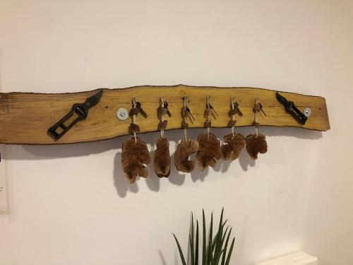 a wooden shelf with a bunch of weapons on a wall at Casas do Verdelho in Madalena