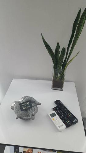 a white table with a remote control and a vase at Barrocas do Mar in Prainha de Baixo