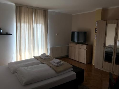 - une chambre avec un lit, une télévision et une fenêtre dans l'établissement Five Apartments, à Inđija
