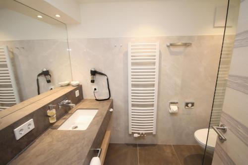 a bathroom with a sink and a toilet and a mirror at Wohlfühlhotel Bercher in Waldshut-Tiengen