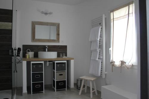 a kitchen with a counter and a sink and a table at La maison de jules in Moustiers-Sainte-Marie