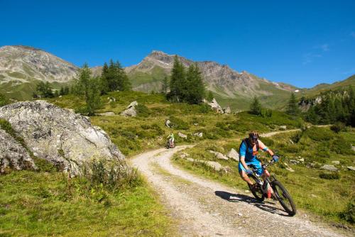 a man riding a bike down a dirt road at Eggerhof in Mallnitz