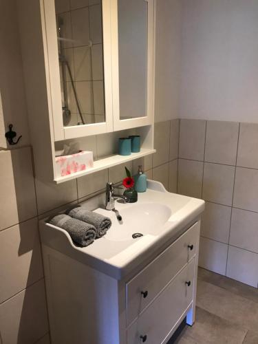 ein Badezimmer mit einem weißen Waschbecken und einem Spiegel in der Unterkunft Ferienwohnung Gruber-Hansen in Kaltenbach