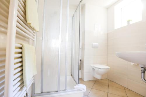 a bathroom with a shower and a toilet and a sink at Hotel Bützower Hof in Bützow