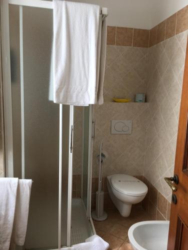 a bathroom with a shower and a toilet and a sink at Hotel Villa San Donino in Città di Castello