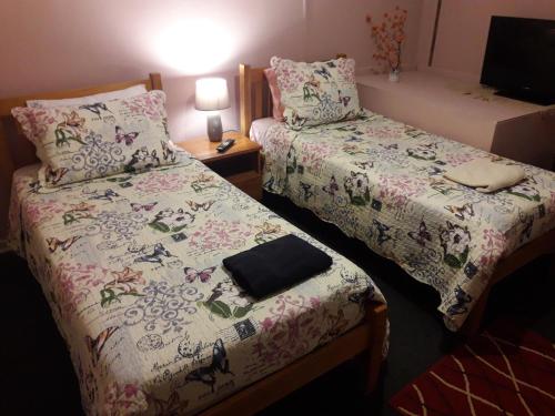a bedroom with two beds and a television and a bed sidx sidx sidx at Hostal Torres del Paine 2 in Punta Arenas