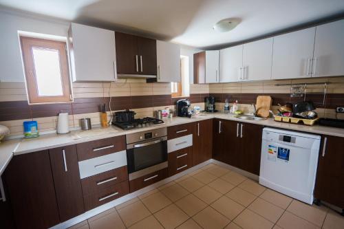 a kitchen with wooden cabinets and white appliances at Piatra Rancii in Ranca