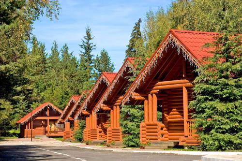 eine Gruppe von Holzgebäuden mit roten Dächern in der Unterkunft Hotel Yastrebets Wellness & Spa in Borowez